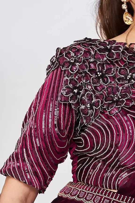 Nayoora Luxe saree set top detail, floral sequin embroidery with striped sleeves