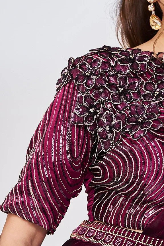 Nayoora Luxe Deep Wine Berry Sequin Wave Ready - to - Wear Saree Set - Nayoora