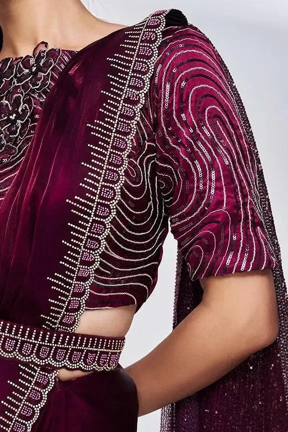 Nayoora Luxe saree set blouse and drape, dotted sequin edging on striped fabric
