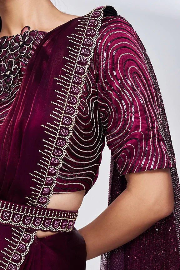 Nayoora Luxe Deep Wine Berry Sequin Wave Ready - to - Wear Saree Set - Nayoora