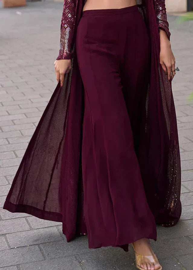 Nayoora Luxe Deep Wine Georgette Sequin Jacket Indo - Western Set - Nayoora