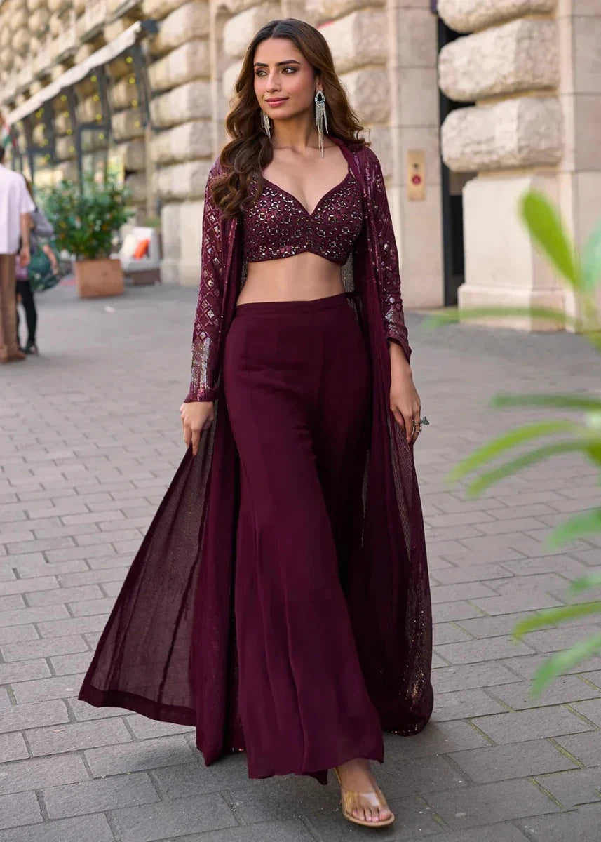 Nayoora Luxe Deep Wine Georgette Sequin Jacket Indo - Western Set - Nayoora