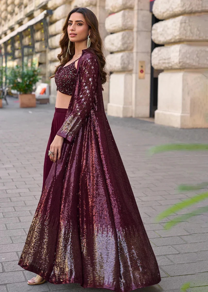 Nayoora Luxe Deep Wine Georgette Sequin Jacket Indo - Western Set - Nayoora