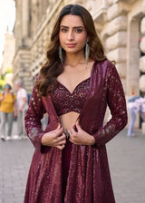 Deep wine sequin V-neck crop jacket with long sleeves and matching skirt