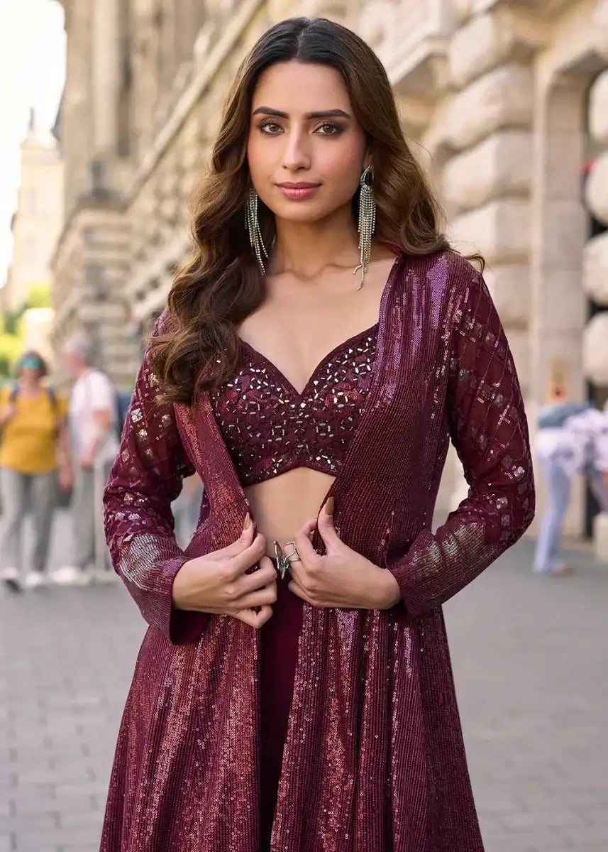 Deep wine sequin long-sleeve cropped jacket and matching long skirt set
