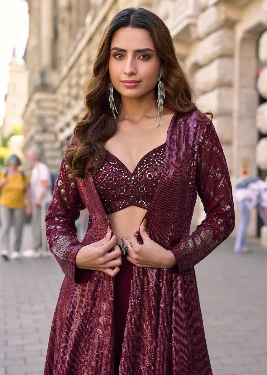 Nayoora Luxe Deep Wine Georgette Sequin Jacket Indo - Western Set - Nayoora