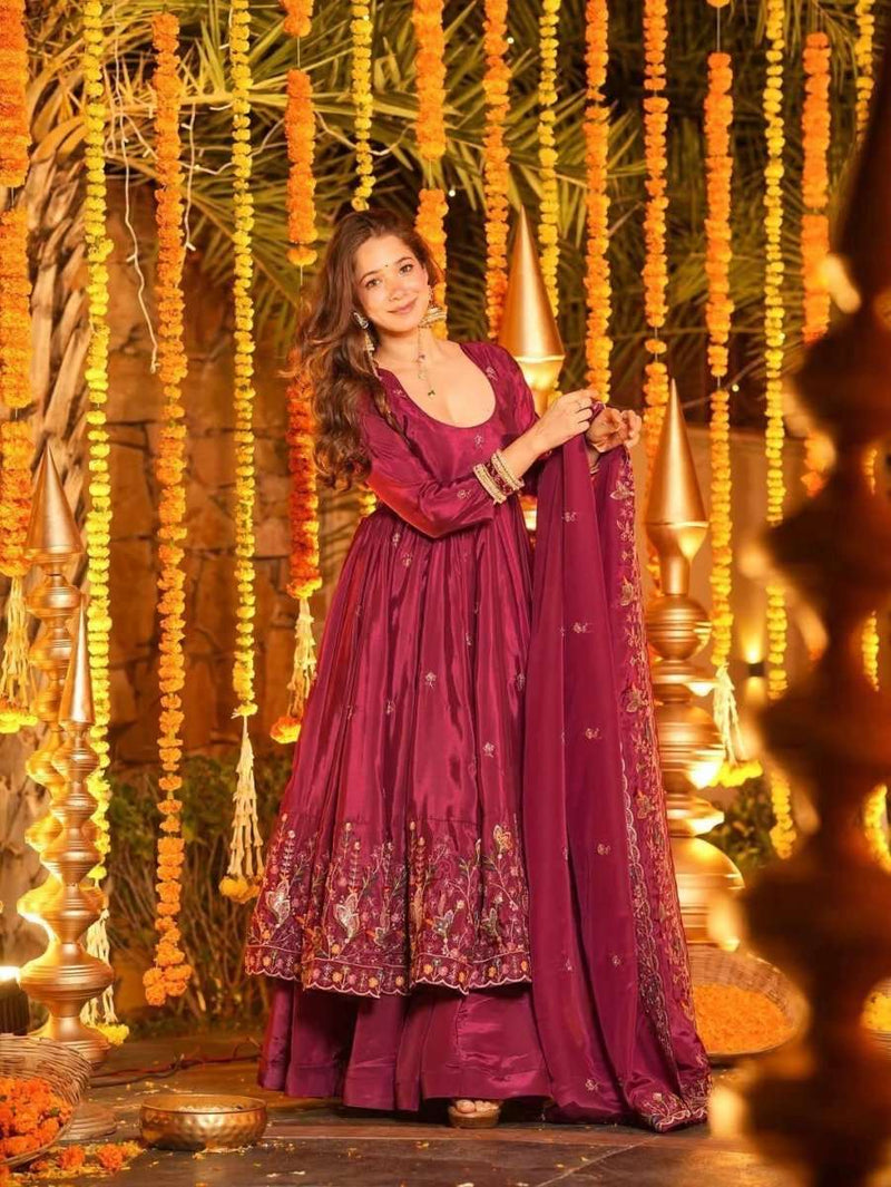Wine purple embroidered anarkali dress with long sleeves and flared skirt