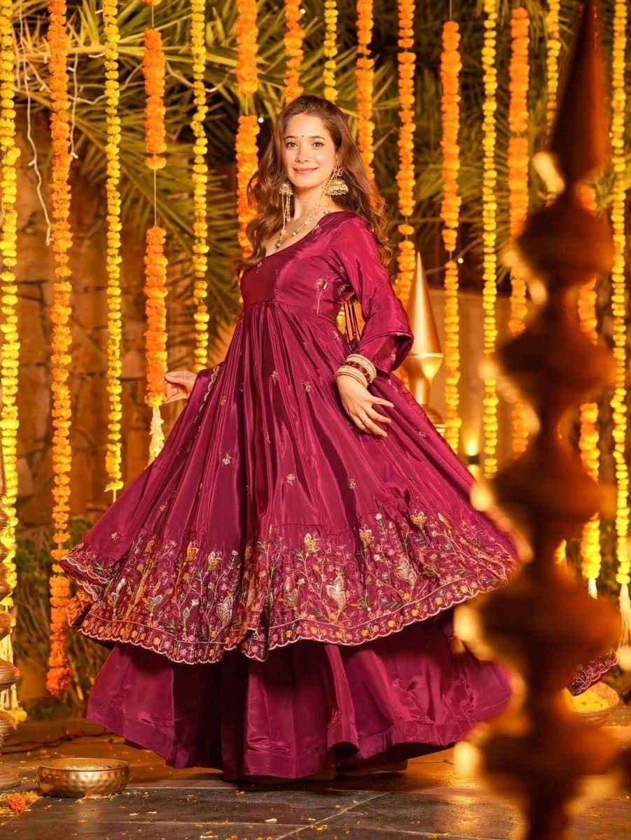 Nayoora Luxe Deep Wine Purple Floral Embroidered Natural Crepe Silk Anarkali Set - Nayoora