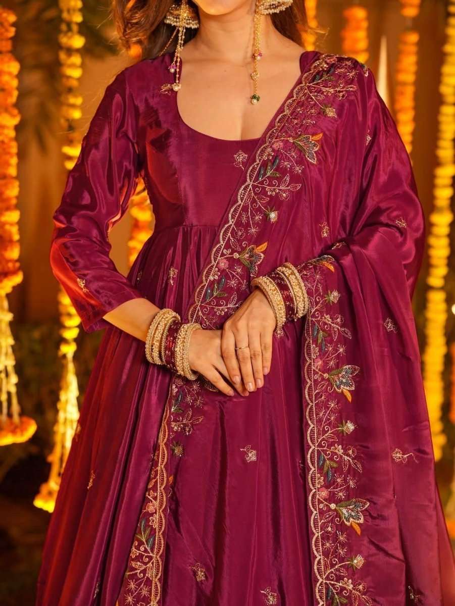 Nayoora Luxe Deep Wine Purple Floral Embroidered Natural Crepe Silk Anarkali Set - Nayoora