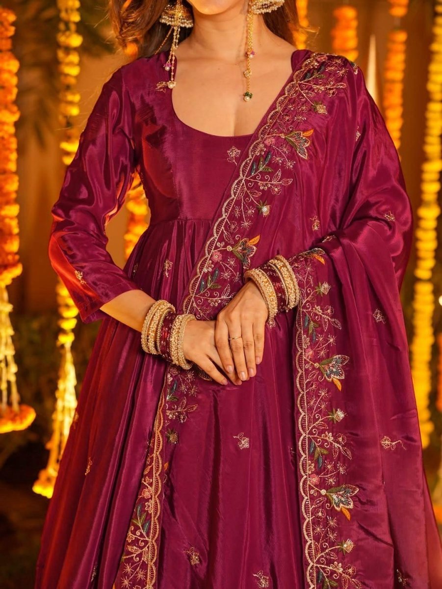 Nayoora Luxe Deep Wine Purple Floral Embroidered Natural Crepe Silk Anarkali Set - Nayoora