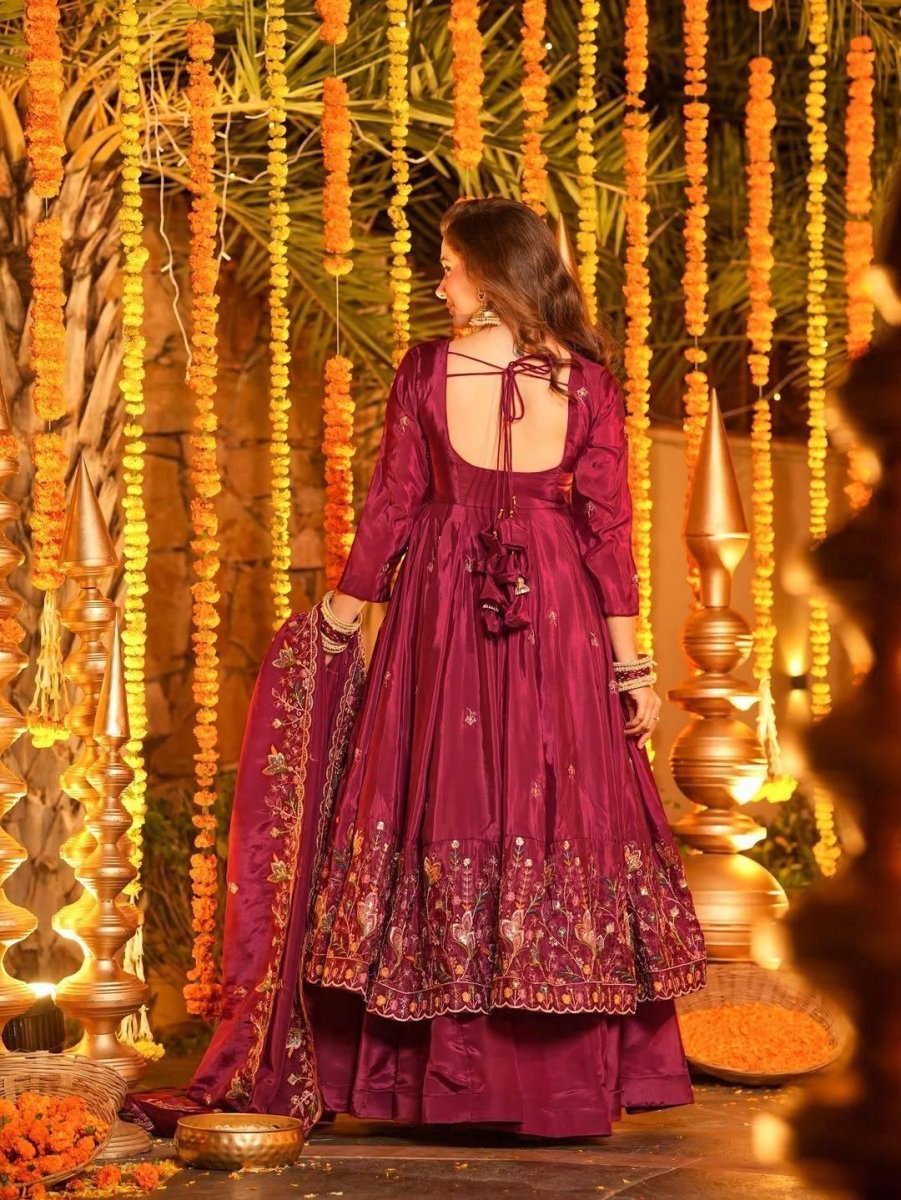 Nayoora Luxe Deep Wine Purple Floral Embroidered Natural Crepe Silk Anarkali Set - Nayoora