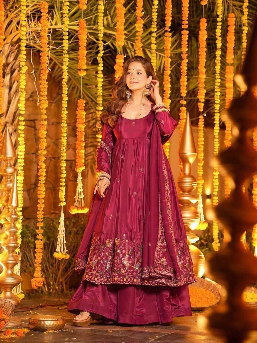 Nayoora Luxe Deep Wine Purple Floral Embroidered Natural Crepe Silk Anarkali Set - Nayoora