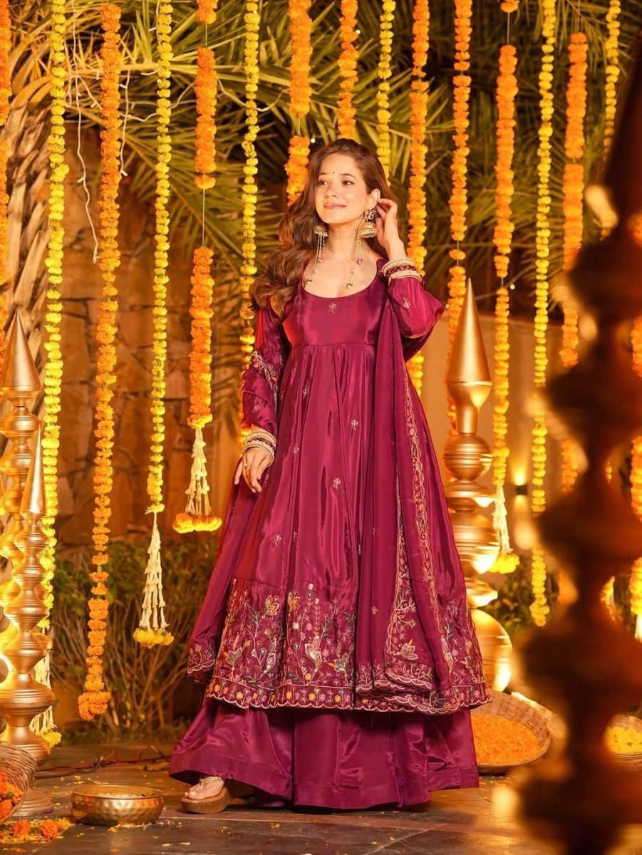 Nayoora Luxe Deep Wine Purple Floral Embroidered Natural Crepe Silk Anarkali Set - Nayoora