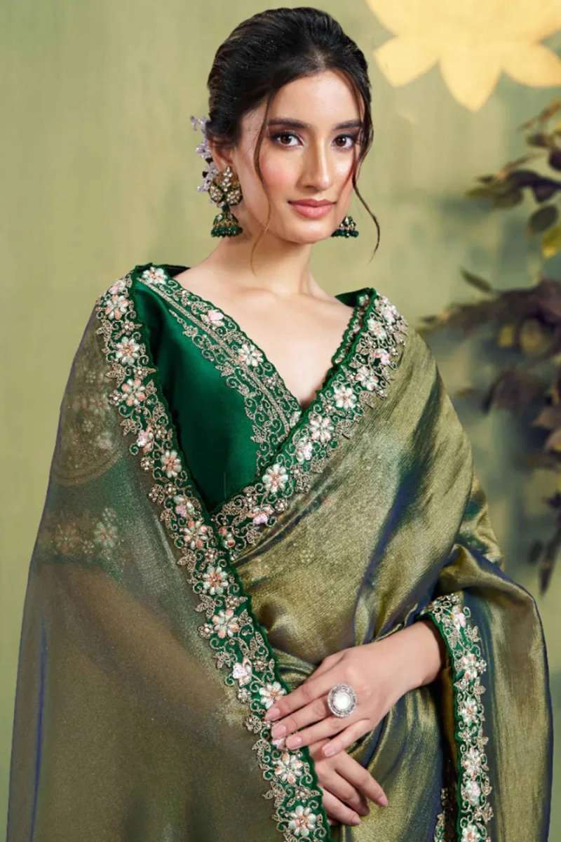 Dusty olive saree with V-neck and ornate floral trim along border