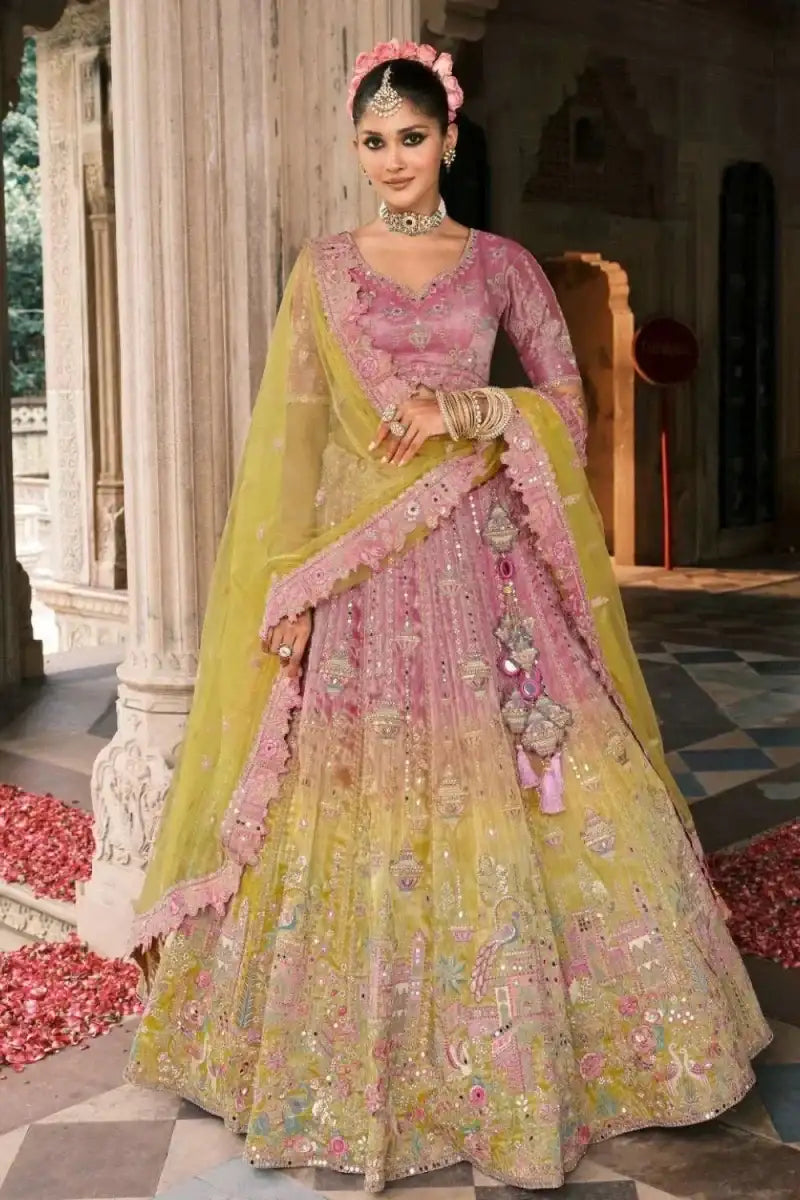 Embroidered ombre lehenga with pink blouse, lime dupatta, full flare skirt, motifs
