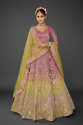 Embroidered ombre lehenga with pink blouse, lime dupatta, heritage palace motifs
