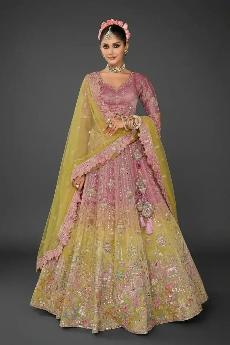 Embroidered ombre lehenga with pink blouse, lime dupatta, heritage palace motifs