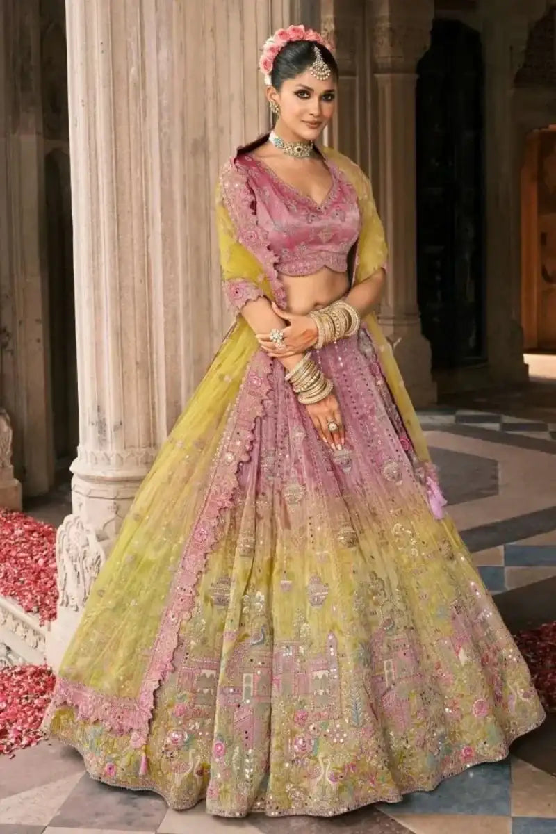 Embroidered ombre lehenga with pink blouse and lime dupatta, ornate patterned skirt