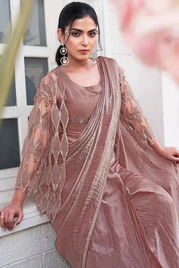Dusty rose metallic saree, cutwork long sleeves and draped pallu