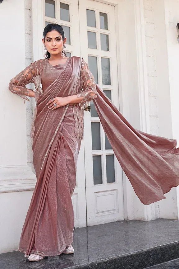 Nayoora Luxe Dusty Rose Metallic Ready - to - Wear Cutwork Sleeve Saree - Nayoora
