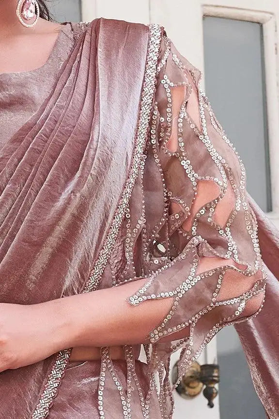 Dusty rose metallic saree with chain-like sequin cutwork sleeve detail