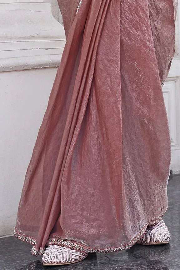 Dusty rose metallic saree skirt with pleated drape and embellished hem