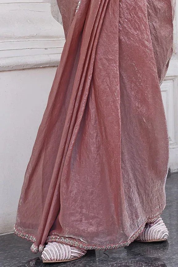 Nayoora Luxe Dusty Rose Metallic Ready - to - Wear Cutwork Sleeve Saree - Nayoora