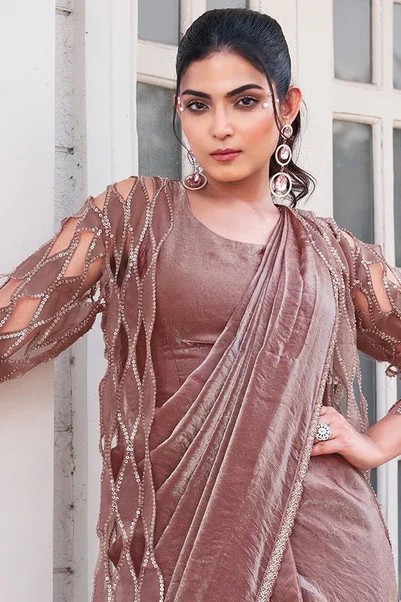 Nayoora Luxe Dusty Rose Metallic Ready - to - Wear Cutwork Sleeve Saree - Nayoora