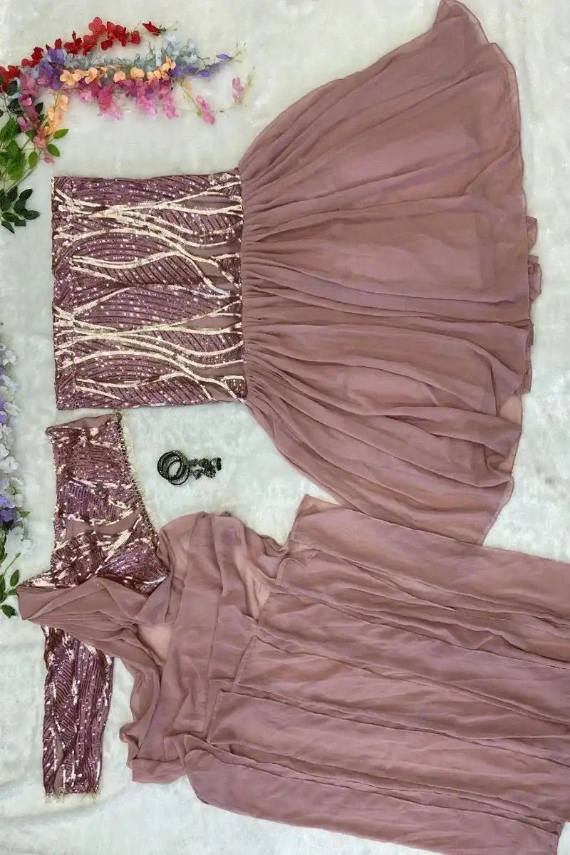 Blush rose western lehenga set pieces: sequined blouse, draped dupatta, and tiered skirt