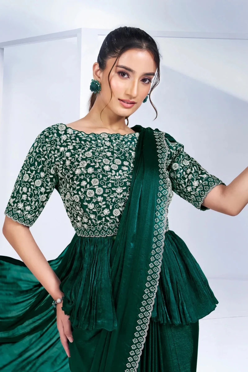 Nayoora Luxe Emerald Green Embroidered Peplum Drape Saree - Nayoora