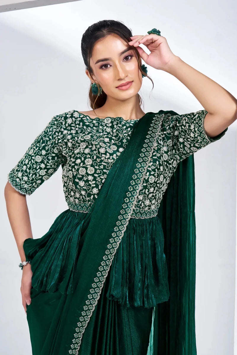 Nayoora Luxe Emerald Green Embroidered Peplum Drape Saree - Nayoora