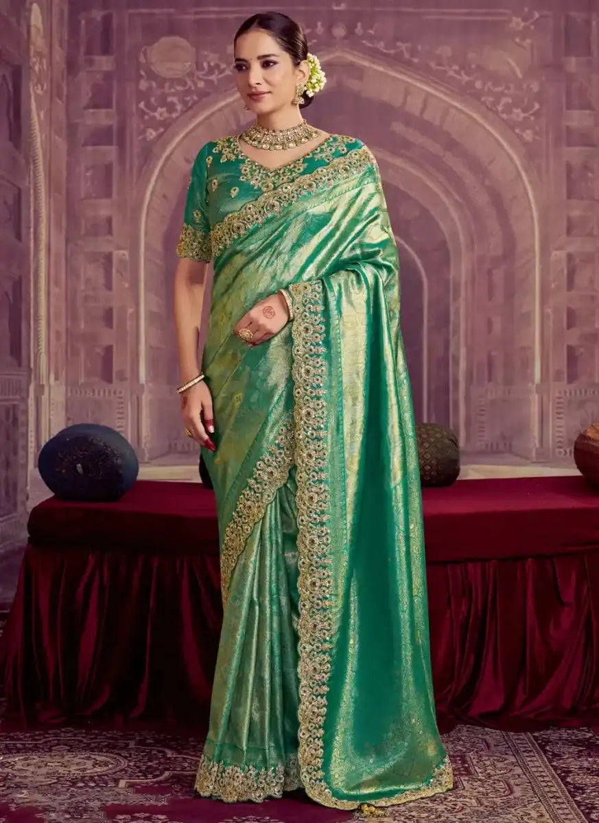 Nayoora Luxe Emerald Green Kanjivaram Silk Heavy Embroidered Saree - Nayoora