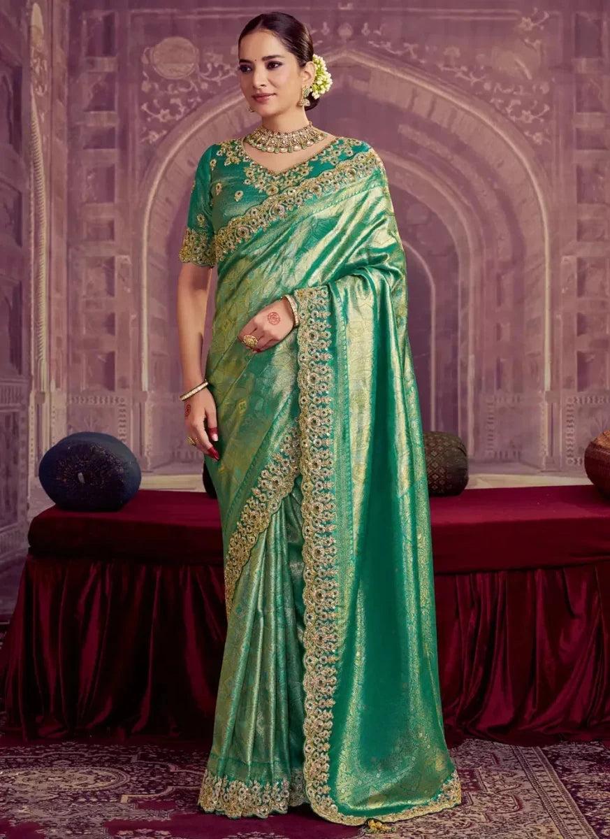 Nayoora Luxe Emerald Green Kanjivaram Silk Heavy Embroidered Saree - Nayoora