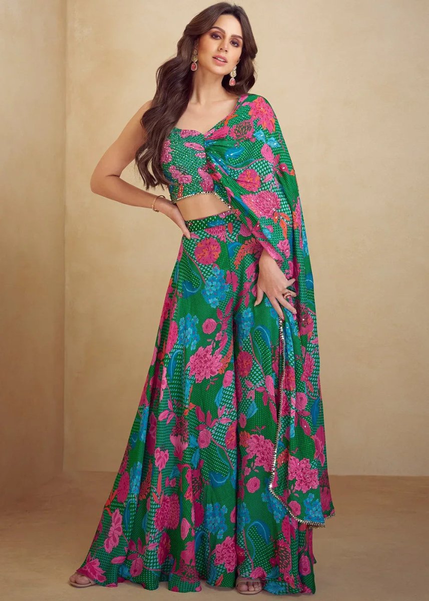 Nayoora Luxe Emerald Green Tropical Floral Print One - Shoulder Asymmetric Co - Ord Set - Nayoora