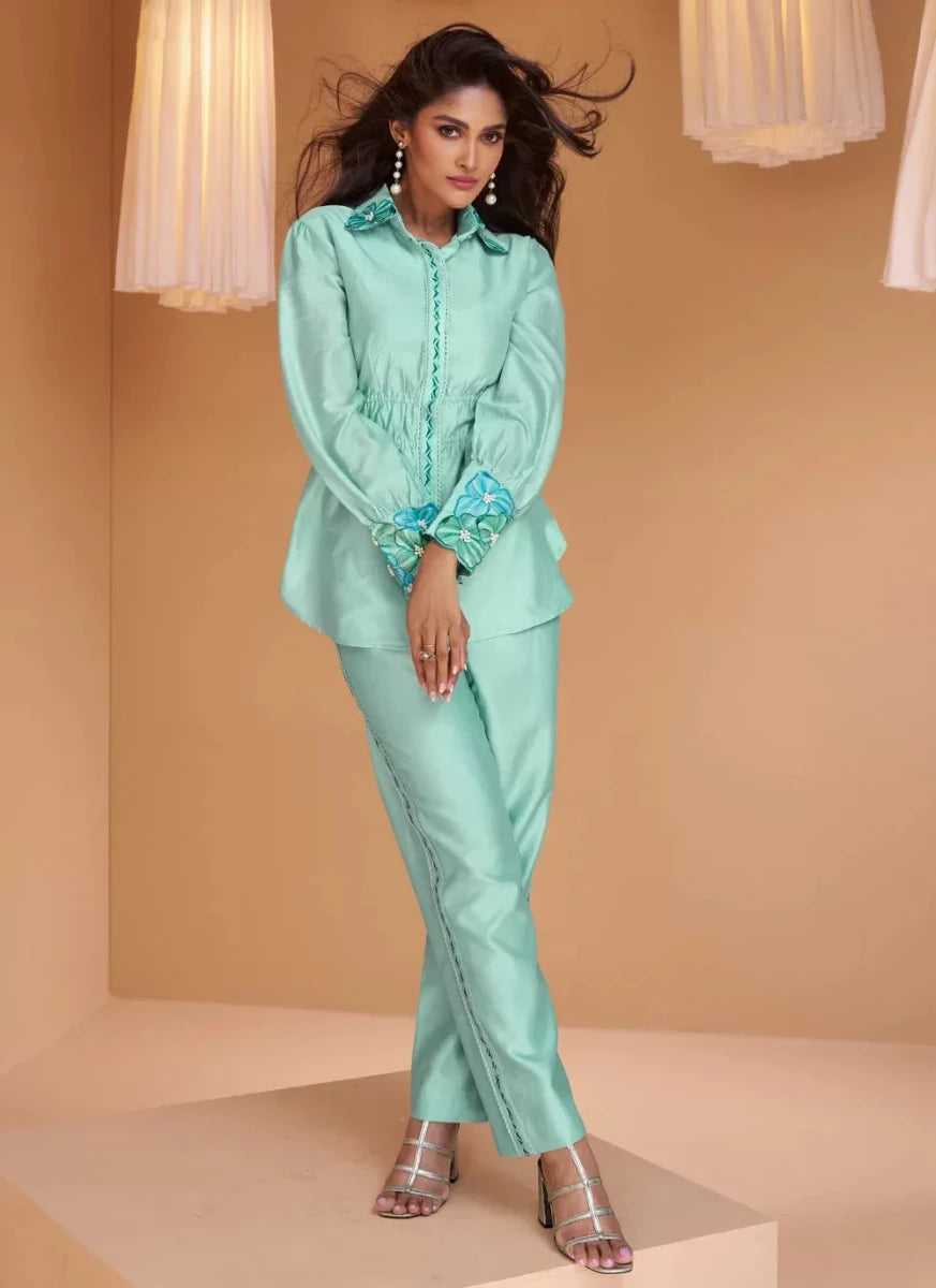 Nayoora Luxe Firozi Mint Floral Embroidered Pure Silk Co - ord Set - Nayoora