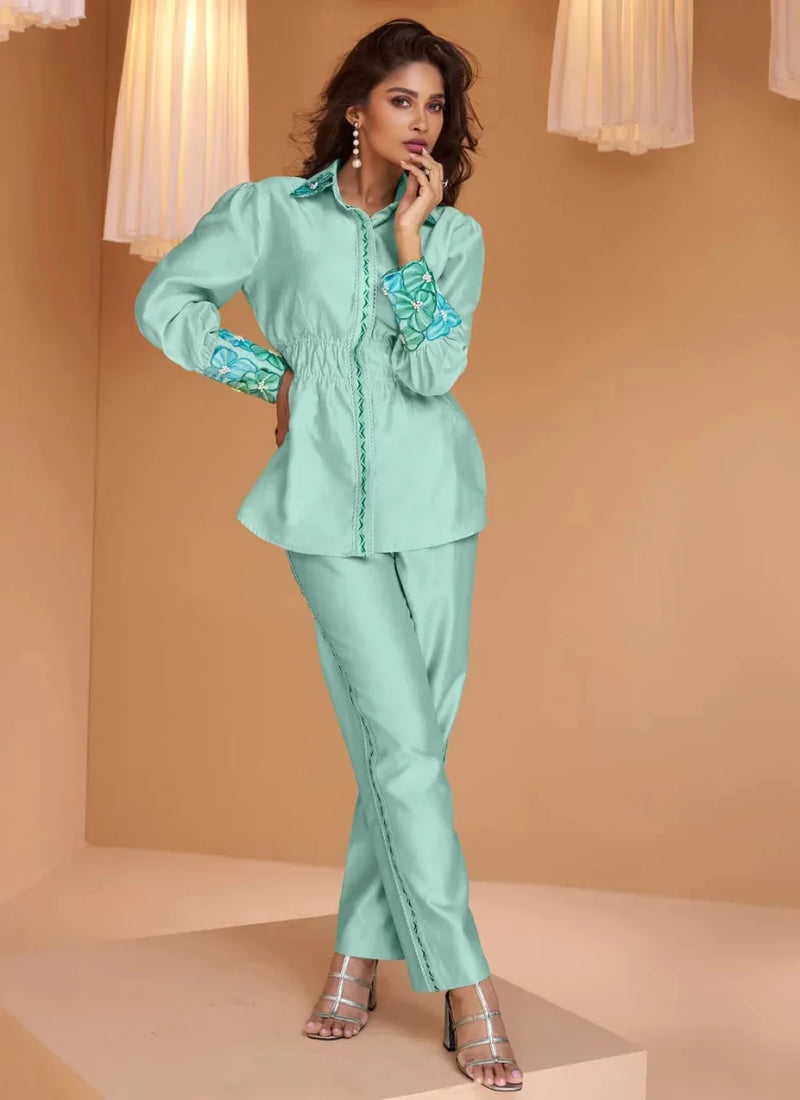 Mint pure silk co-ord set with floral embroidery, long sleeves and straight pants
