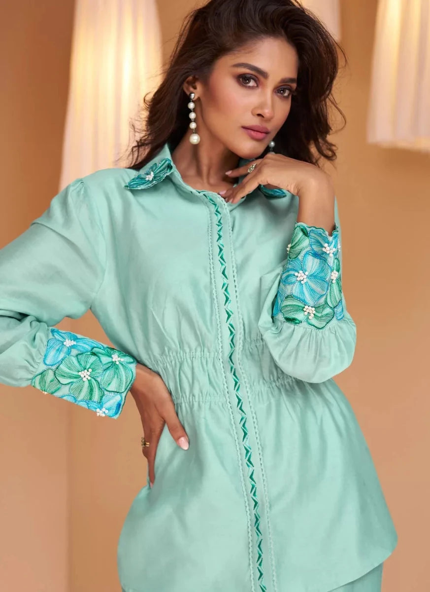 Nayoora Luxe Firozi Mint Floral Embroidered Pure Silk Co - ord Set - Nayoora