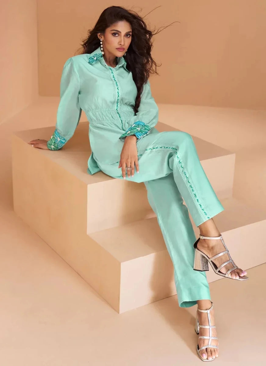 Nayoora Luxe Firozi Mint Floral Embroidered Pure Silk Co - ord Set - Nayoora