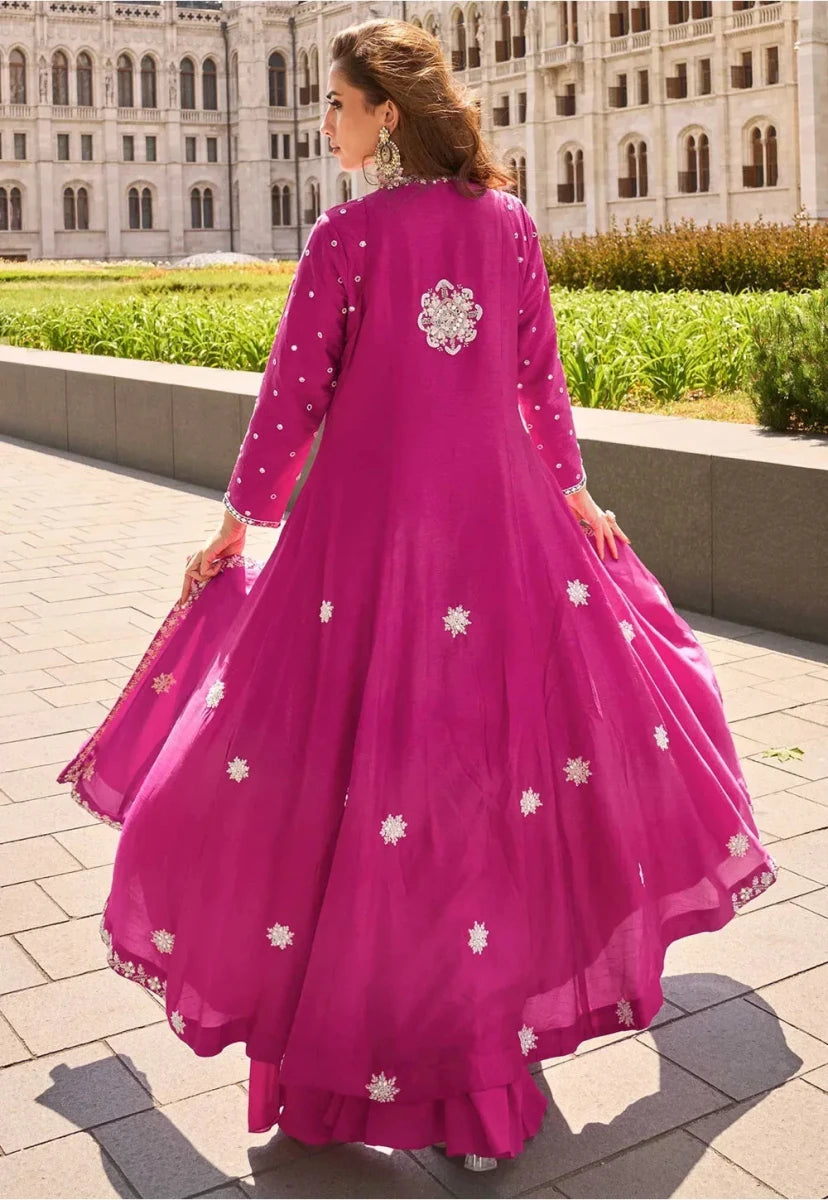Nayoora Luxe Fuchsia Pink Heavy Embroidered Silk Front - Slit Pakistani Suit - Nayoora