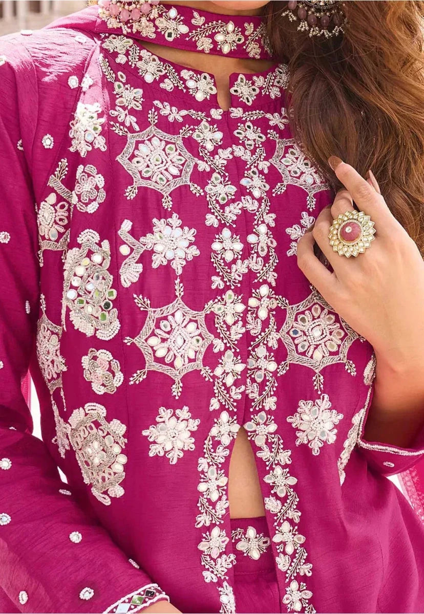 Nayoora Luxe Fuchsia Pink Heavy Embroidered Silk Front - Slit Pakistani Suit - Nayoora
