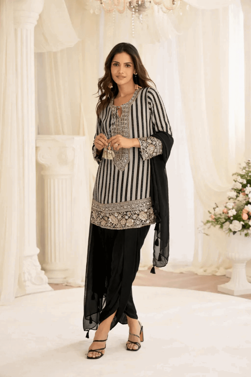 Nayoora Luxe Grey Striped Crepe Silk Bead Work Farsi Suit - Nayoora