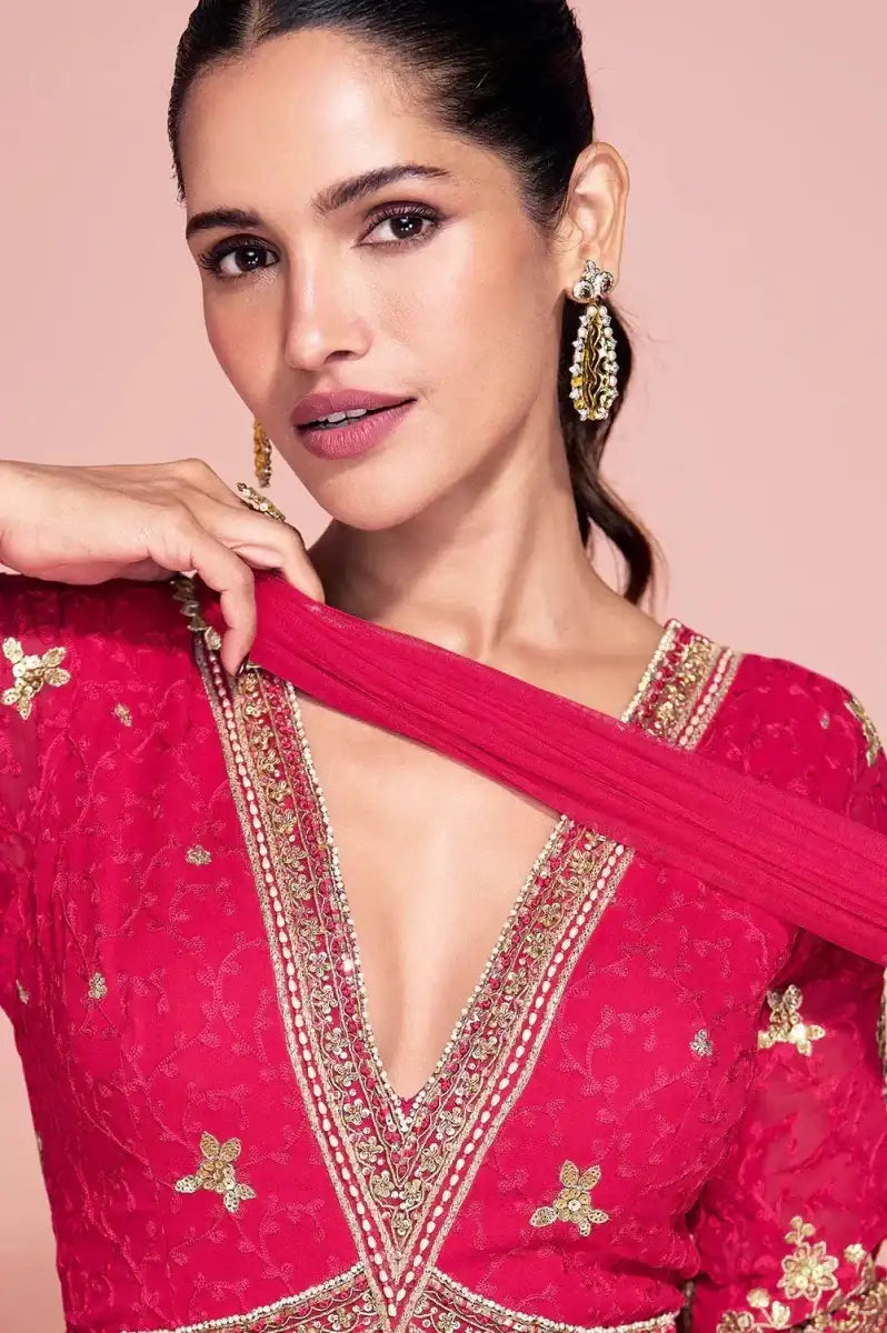 Hot pink embroidered anarkali bodice with deep V neckline and gold trim