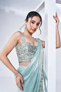Nayoora Luxe Ice Blue Tissue Silk Ready - to - Wear Cape Saree Set - Nayoora