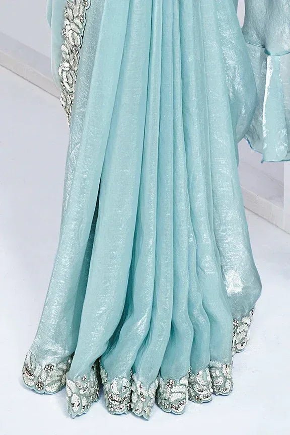 Nayoora Luxe Ice Blue Tissue Silk Ready - to - Wear Cape Saree Set - Nayoora