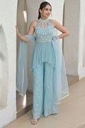 Sleeveless peplum palazzo set in icy powder blue with mirror work, wide-leg pants