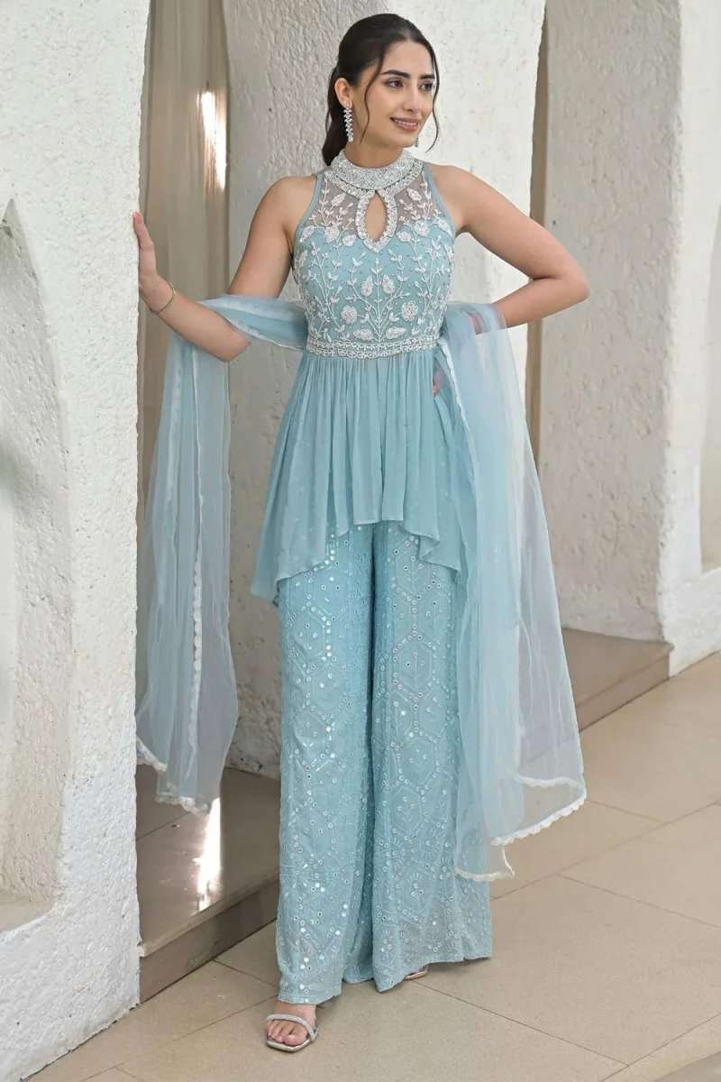 Sleeveless peplum palazzo set in icy powder blue with mirror work, wide-leg pants