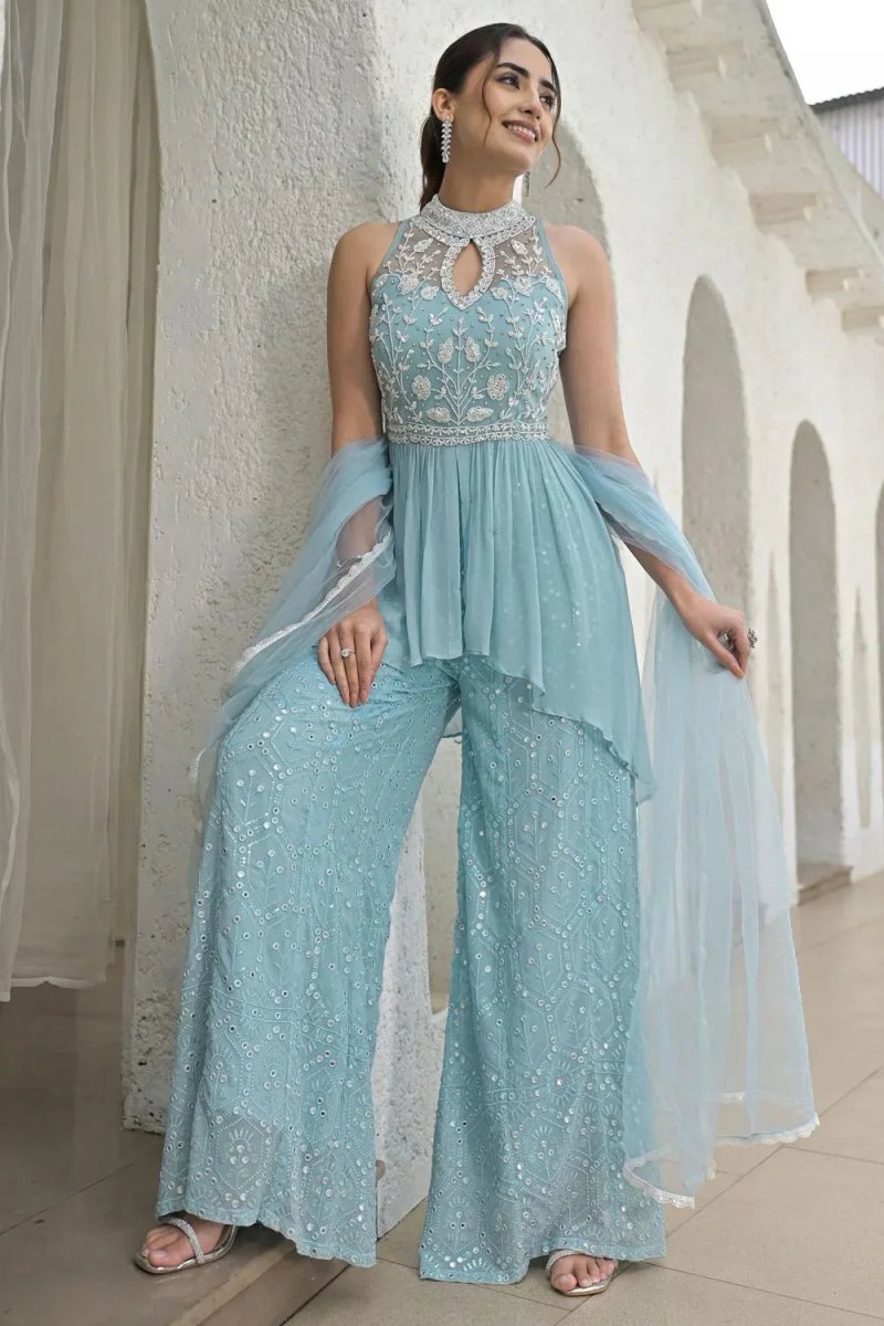 Nayoora Luxe Icy Powder Blue Mirror Work Peplum Palazzo Set - Nayoora