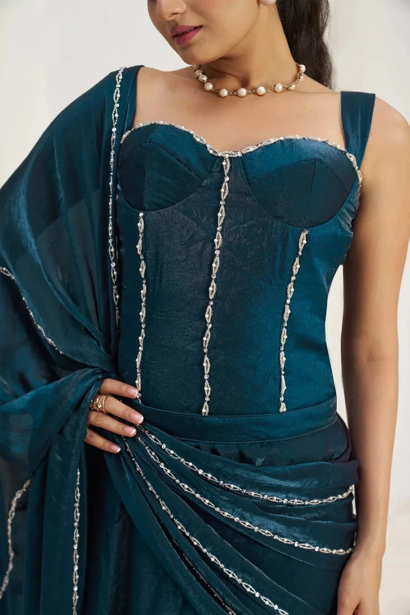 Nayoora Luxe Indigo Teal Organza Beaded Corset Ready - to - Wear Saree - Nayoora