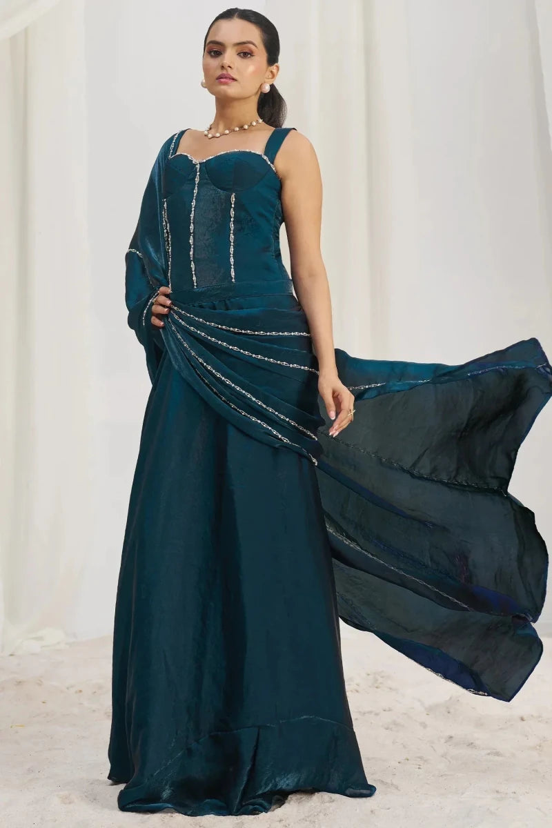 Nayoora Luxe Indigo Teal Organza Beaded Corset Ready - to - Wear Saree - Nayoora