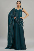Nayoora Luxe Indigo Teal Organza Beaded Corset Ready - to - Wear Saree - Nayoora